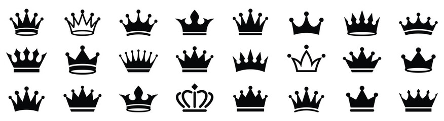 Set of royal crown silhouette icons in black and white, assorted king and queen tiara symbols for logo, heraldry, vector design branding © Nur