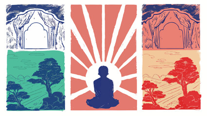 Fototapeta premium Zen meditation under a stylized sunburst and mountains, serene spiritual journey with trees and contemplative figures, artistic flat design in earth tones.