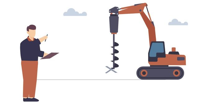 Foundation Drilling in Progress animation, Earthworks and Site Preparation animated video, construction workers clip, Skilled labor footage, Civil Engineering Works motion graphics