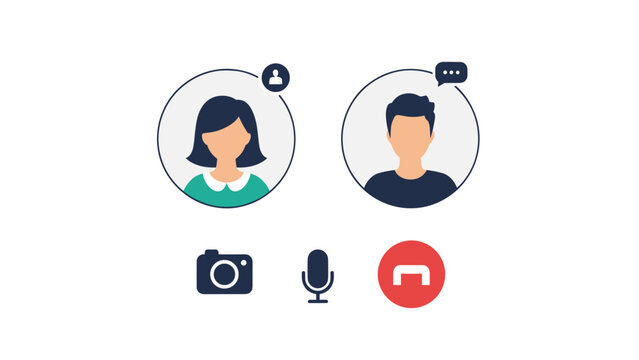 Simple video call user interface showing male and female profile icons with camera microphone and end call buttons.