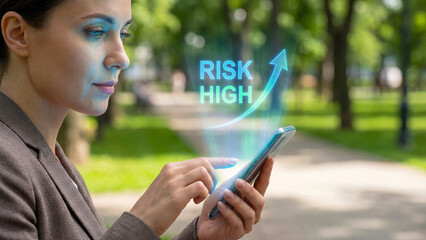 Fototapeta premium High risk investment and financial growth concept. Businesswoman analyzing glowing holographic stock market graph on smartphone.
