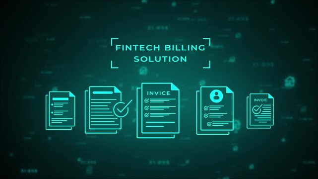 A cyan-hued digital representing a fintech billing solution, with a series of simplified documents and financial symbols on a dark background, conveying streamlined invoicing and payment management