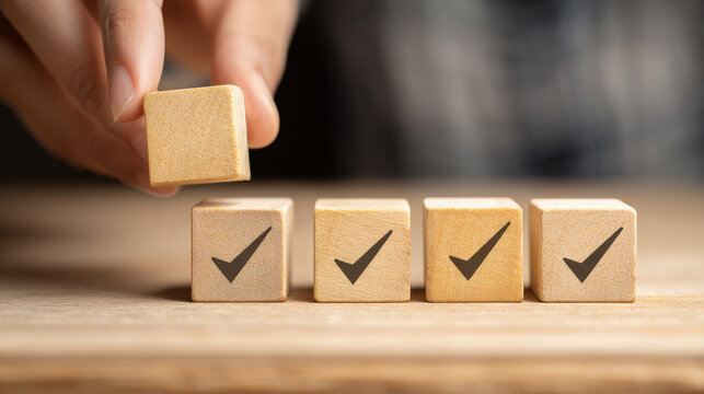 rejection on the wooden block turns it into approval.
Check mark on wooden blocks.
checklist idea concept.