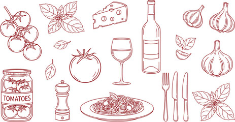 Hand drawn Italian food collection with spaghetti pasta tomatoes garlic basil cheese and wine in cad drawing flat vector illustration