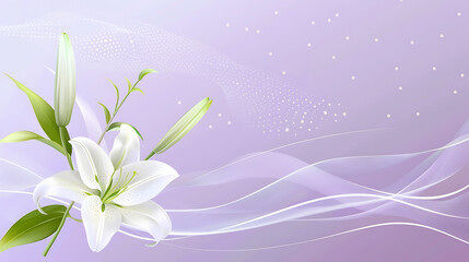 Obraz premium White lily and glowing abstract wave lines on dreamy light purple vector background with copy space for premium skincare and elegant feminine brand visuals