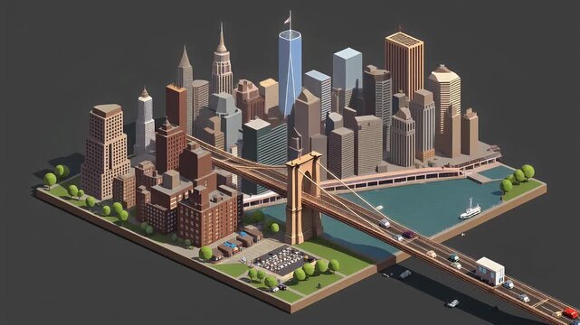 Isometric Low-Poly New York City Skyline with Brooklyn Bridge