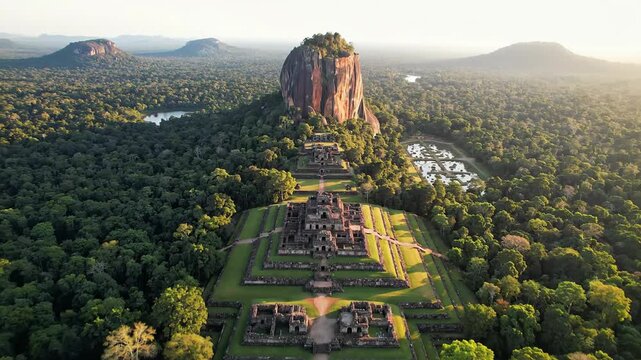 Ancient ruins on a terraced hill surrounded by lush green jungle and mountains
