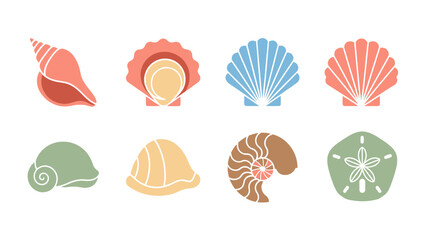 Fototapeta premium Collection of stylized flat design seashells and sea creatures for graphic design projects