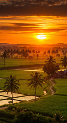 Obraz premium Golden Sunset Over Lush Green Rice Fields and Palm Trees.