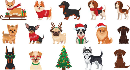 Christmas dog collection with festive breeds wearing Santa hats sweaters and reindeer antlers in cad drawing flat vector illustration for holiday © mstHasina