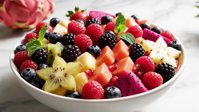 A Vibrant Fruit Salad Bursting with Colorful Berries and Tropical Fruits in a White Bowl