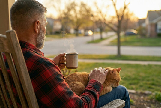 Man with Coffee and Cat on Porch at Sunset