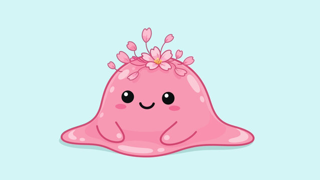 Cute pink slime character with cherry blossoms on head smiling happily