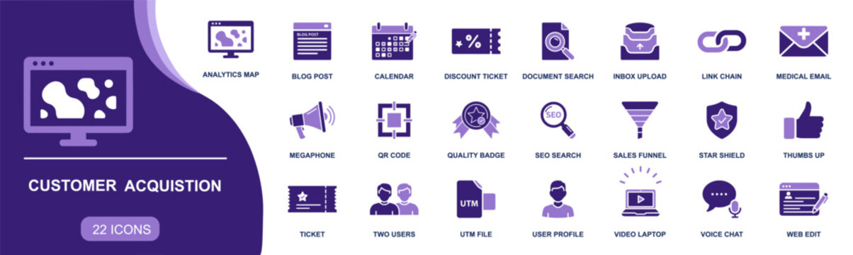 Customer acquisition icon set. Containing analytics, blog, calendar, discount ticket, SEO, sales funnel, QR code, UTM, user profile, megaphone and more. Solid fill vector icons collection.