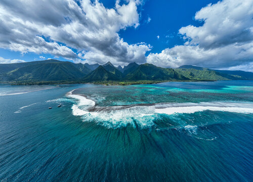 Aerial view of Teahupoo wave and coastline Tahit Iti French Polynesia