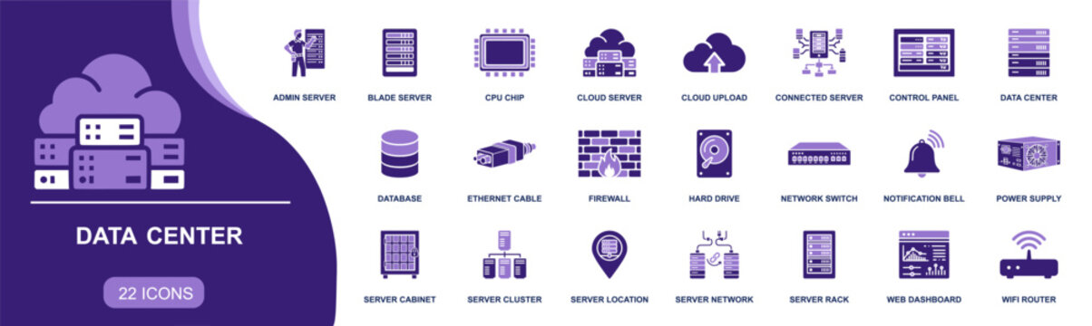 Data center icon set. Containing server rack, admin server, blade server, CPU chip, cloud upload, connected server, control panel, firewall, router and more. Solid fill vector icons collection.
