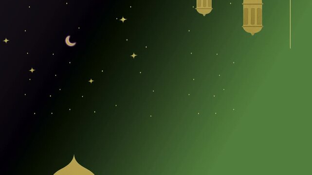 ramadan kareem, islamic background, motion background, ramadan mubarak, golden lanterns, mosque silhouette, crescent moon, eid mubarak, green background, islamic animation, religious celebration
