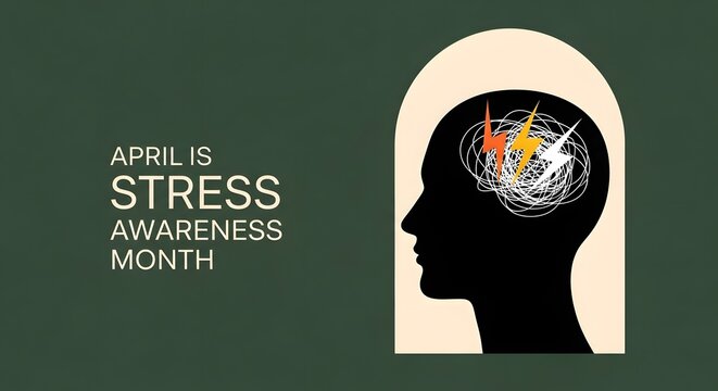 Silhouette of a head displays chaotic mental activity representing stress awareness month on a dark green background.
