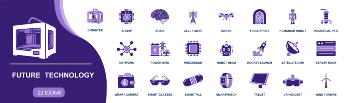 Future technology icon set. Containing AI chip, brain, robot, drone, smart glasses, smartwatch, VR headset, 3D printer, satellite, network and more. Solid fill vector icons collection.