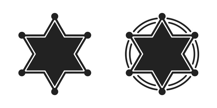 Sheriff star badge flat icon, showcasing vintage Western six-point star, hexagonal sheriff medal, and cowboy officer symbol in vector illustration style.