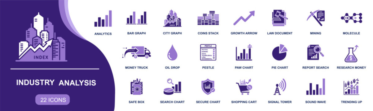 Industry analysis icon set. Containing analytics, bar graph, growth arrow, report search, law document, PESTLE, mining, oil drop, money research and more. Solid fill vector icons collection.