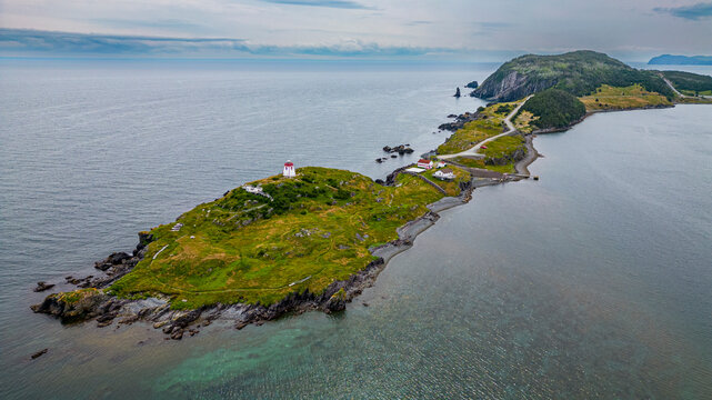 Aerial view of historic peninsula with lighthouse at Trinity Newfoundland