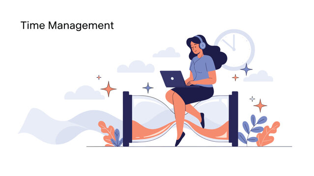 Young professional woman manages her schedule efficiently while sitting on a large hourglass symbolizing effective time management.
