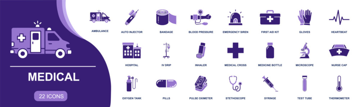 Medical icon set. Containing ambulance, bandage, syringe, stethoscope, hospital, first aid kit, pills, thermometer, blood pressure, oxygen tank, and more. Solid fill vector icons collection.