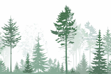 A serene illustration depicts various shades of evergreen trees in a forest © Songita