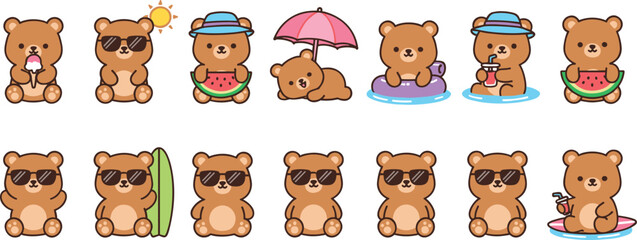 Cartoon summer bear illustration, cute characters, ice cream, sunglasses, watermelon, beach umbrella, pool float, drink, playful, cheerful, s © Sajjad