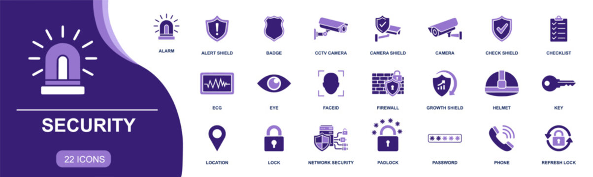 Security icon set. Containing alarm, CCTV camera, firewall, lock, password, face ID, shield, key, network security, surveillance, access control and more. Solid fill vector icons collection.