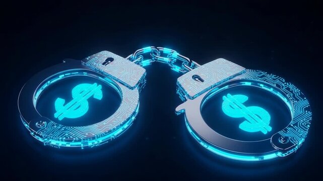 Digital Handcuffs Concept Of Financial Crime Cybercrime Represented By Neon Dollar Signs In Digital Handcuffs Dark Background Tech Crime For Topics Like Illegal Money Transfers