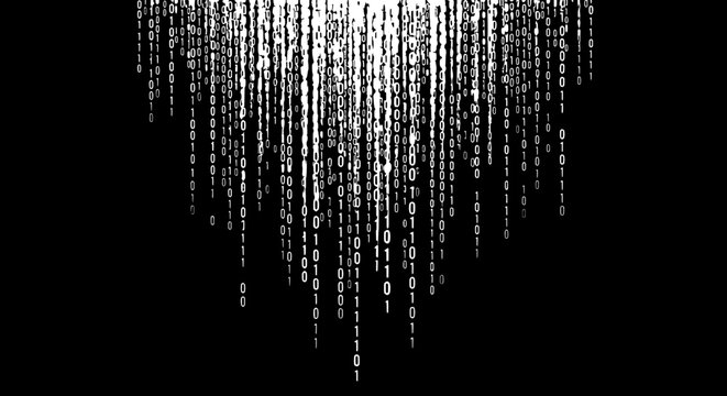 Digital rain effect with binary code falling from top to bottom on a black background scene
