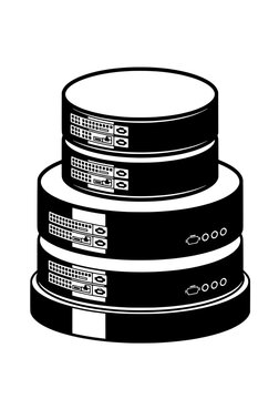 Stack of black disks with various server details on a white background illustration viewed from the front