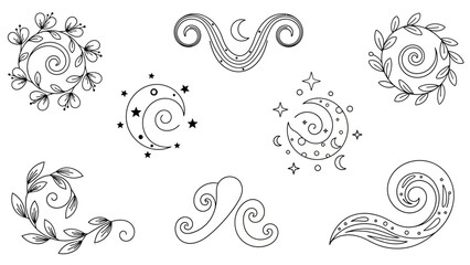 Whimsical Celestial and Botanical Ornaments Lunar Swirls Stars and Leafy Designs