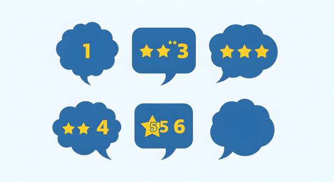 Six blue speech bubbles with yellow numbers and star ratings