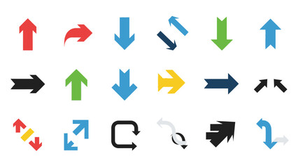 A collection of diverse arrow icons in various colors and styles on a white background