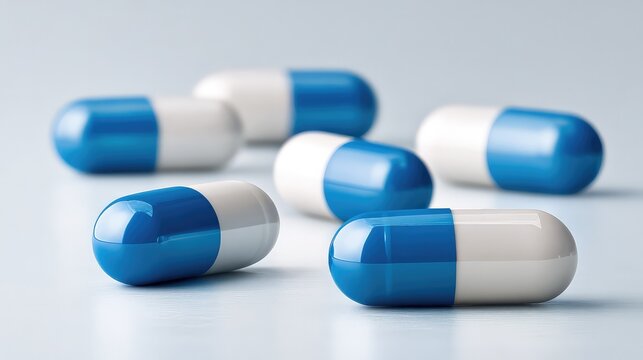 Group of Blue and White Capsule Pills Pharmacy Medication Healthcare Treatment Antibiotics Pharmaceutical Medicine Antibacterial Drugs Painkillers Remedy Medical Concept Cure