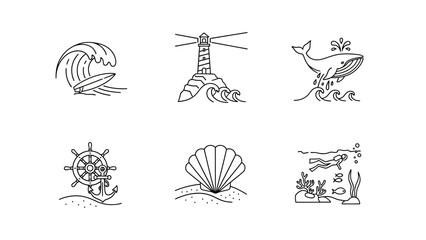 A collection of marine life and water sport icons in a minimalist line art style