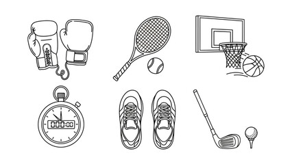 A collection of sports equipment and accessories illustrated in black and white outline style