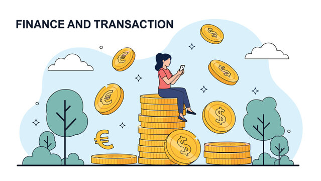 Young woman sitting on giant stack of gold coins using smartphone for digital finance and transaction concept.
