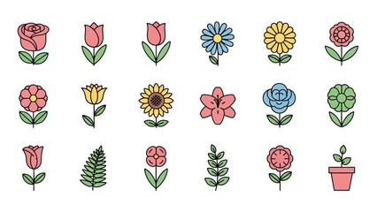A vibrant collection of simple, colorful flat icon-style flowers and plants for design