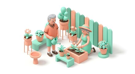 Joyful Senior Couple Gardening Together in Pastel Scene
