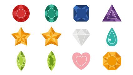 Assortment of colorful and varied gemstone icons and shapes for design projects