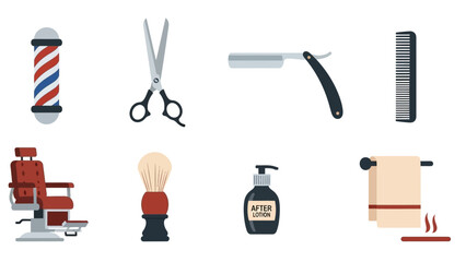 Barbershop tools and furniture icons collection for grooming and styling services