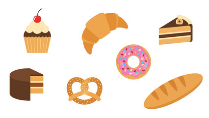 Assortment of delicious baked goods including cakes donuts croissant and bread