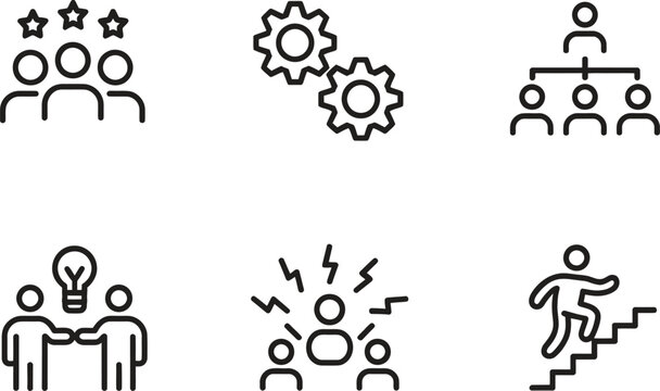 Teamwork and business strategy icons. Collaboration, workforce management, and career progression. Vector illustration