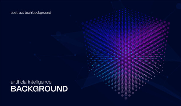 Abstract ai cyber background with 3d cube from dots and circles. Big data digital science and technology design and tech blockchain blue business concept backdrop. Computer network connection pattern.