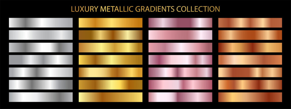 Collection of shiny, metallic silver, yellow gold and rose gold, bronze gradient swatches