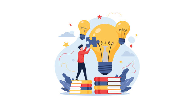 Creative man standing on a stack of books and inserting a puzzle piece into a large light bulb to represent a complete idea.